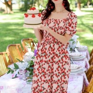 Betsey Johnson Strawberry Fields Cream/Pink/Red Maxi Dress